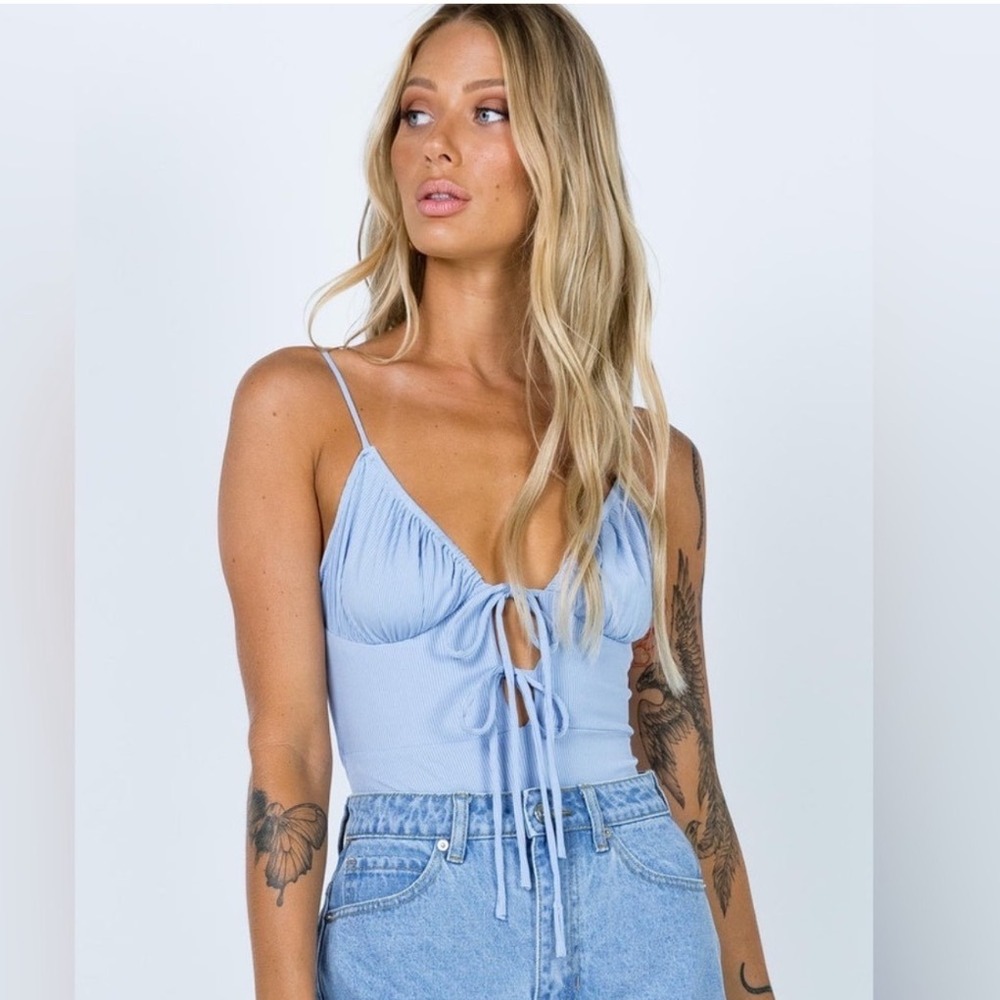 Princess Polly Bow Bodysuit Blue Ribbed
2 US Tie Front Sleeveless NWT Coquette